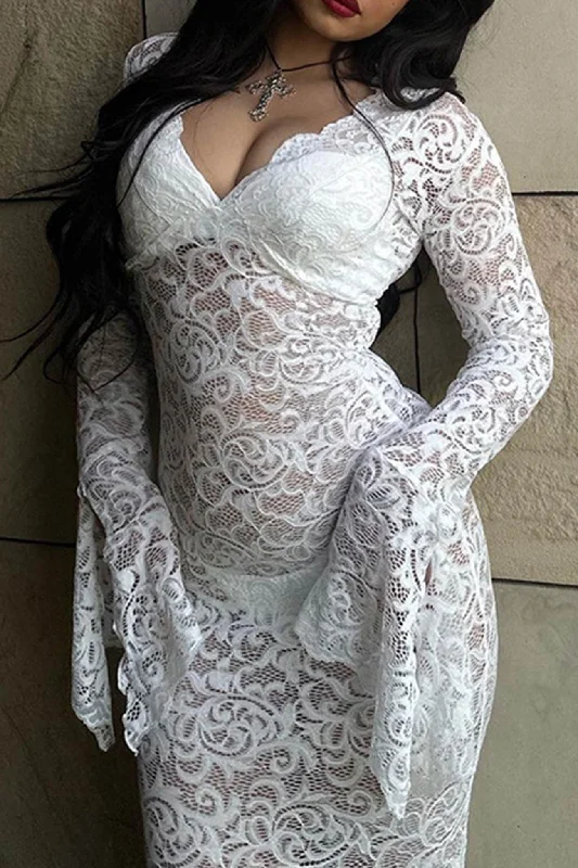 Laid-Back Elegance Lace V Neck Flares Sleeve Dress