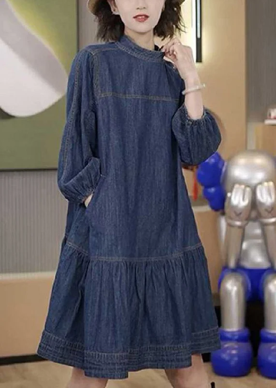 Trendy Styles Plus Size Blue Patchwork Wrinkled Denim Mid Dresses Long Sleeve