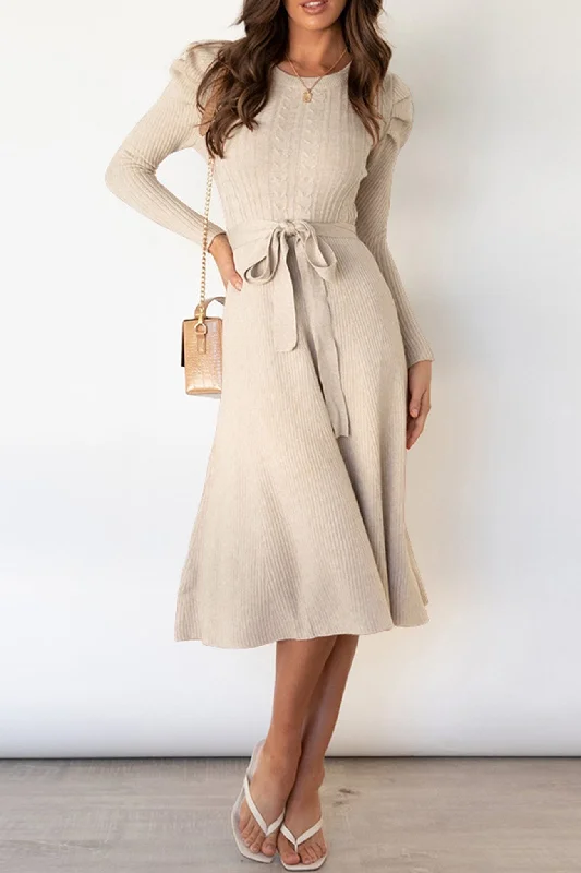 Trend Leading Collection Puff Sleeve Tie-waist Knit Dress