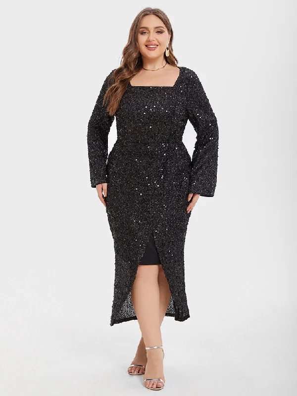 Save Big Square Neck Split Thigh Glitter Maxi Dress