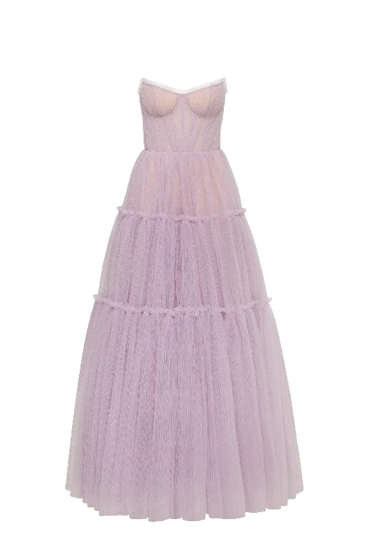 Versatile Wardrobe Essentials Lavender tulle maxi dress with ruffled skirt, Garden of Eden