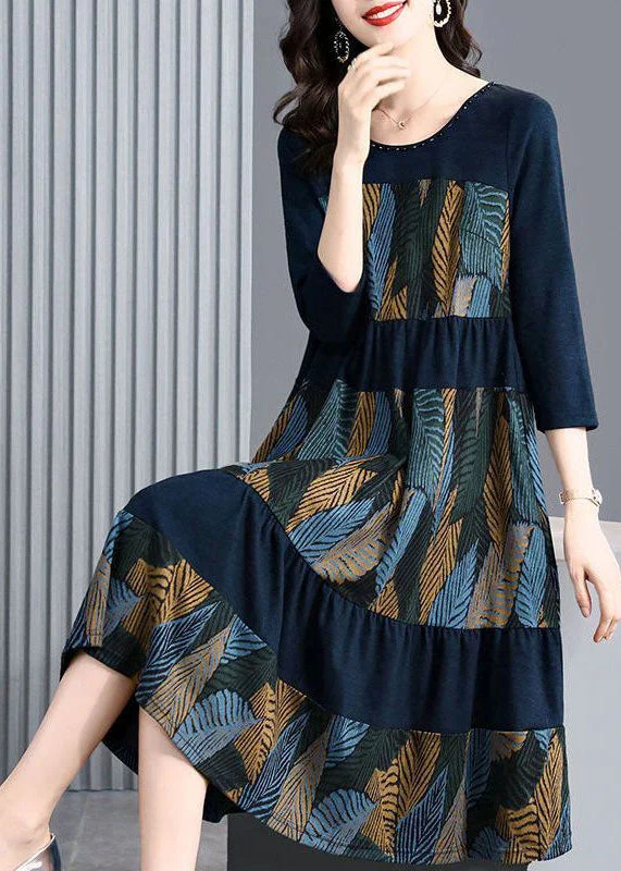 Online Boutiques Best Style Blue Oversized Patchwork Print Dress Bracelet Sleeve