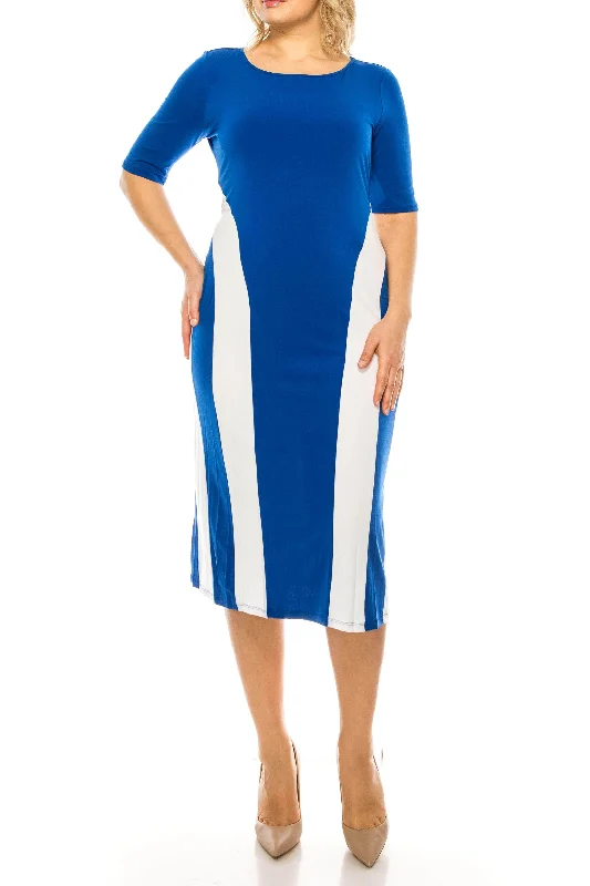 Step Ahead, Lead The Trend ILE Clothing ITS300 - White Stripes On Sides Midi Formal Dress