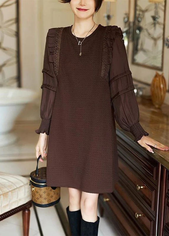 Effortless Style, Endless Impact Elegant Coffee O-Neck Ruffled Patchwork Cotton Dresses Spring