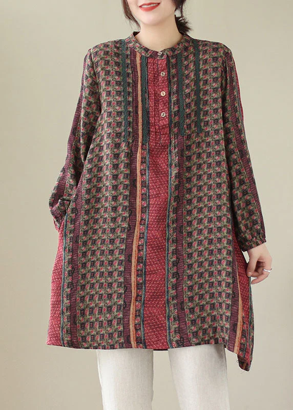 Big Savings Handmade Red Wrinkled Print Cotton Mid Shirts Dress Spring