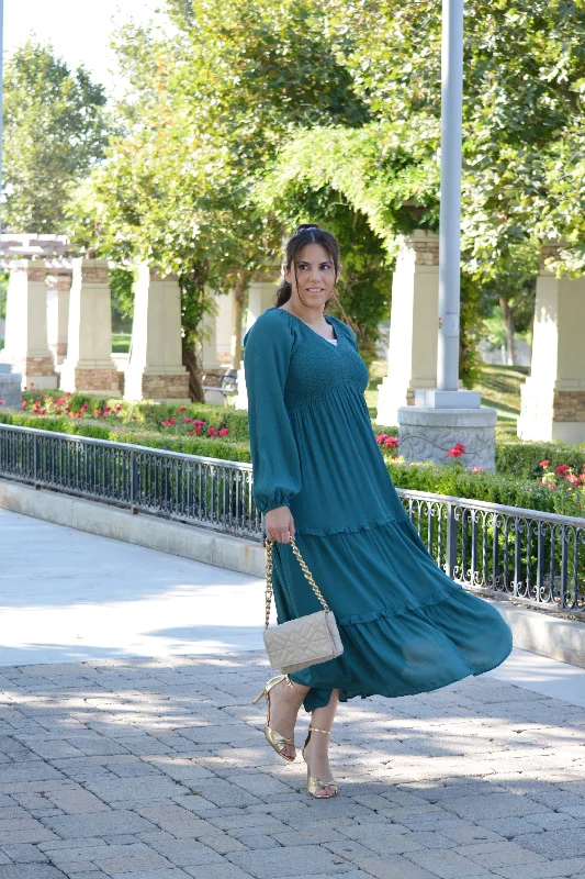 Boho Chic Fashion Addilyn Emerald Smocked Maxi Dress