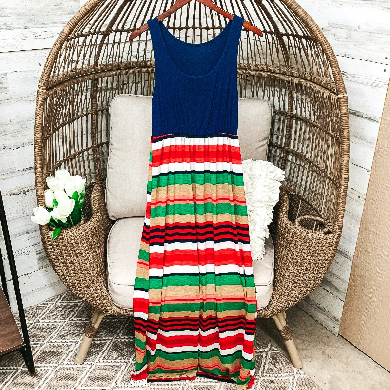 Evening Elegance Navy Blue Tank Maxi Dress in Multicolor Stripe Pattern