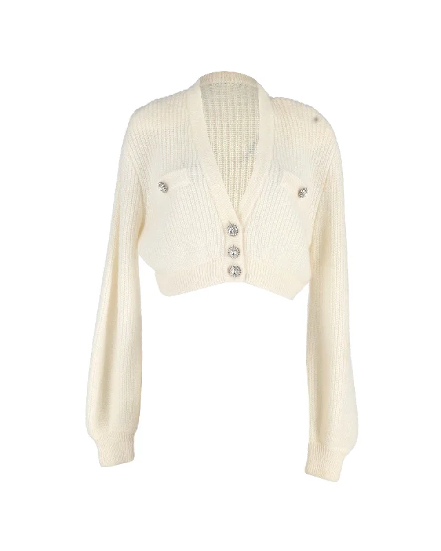 Crazy Discounts, Hurry Up Alessandra Rich Crystal-Button Cropped Cardigan in Cream Wool