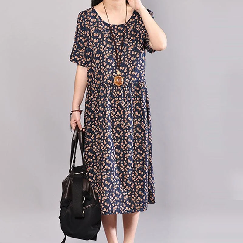 The Latest Trends baggy long cotton dress oversized Floral Printed Dresses Summer Round Neck Short Sleeve Dress