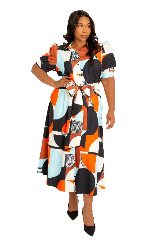 Trendy Attire For Her Geometric Print Puff Sleeve Shirtdress with Tie Waist Detail