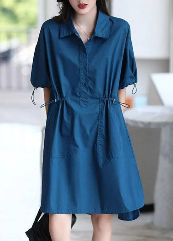 Hot Styles Women Blue Peter Pan Collar Patchwork Cotton Shirts Dresses Summer