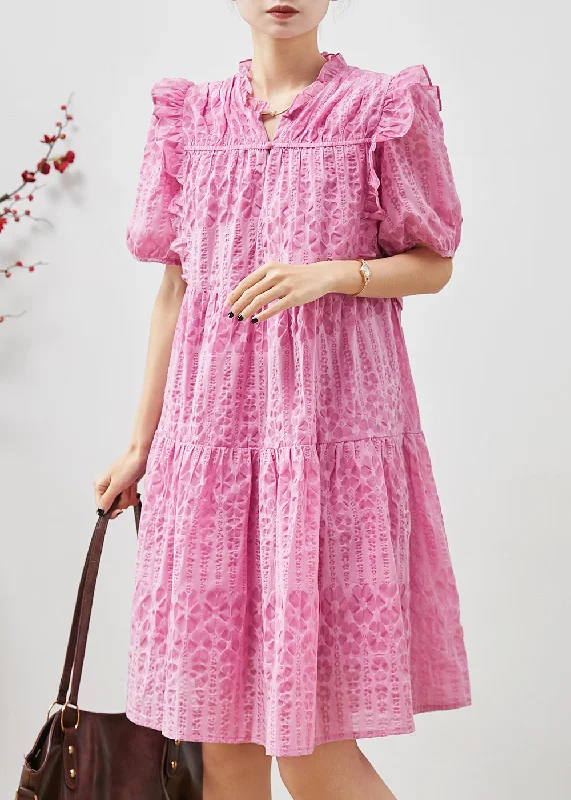 Fashion-forward Women's Clothing Women Pink Puff Sleeve Ruffled Wrinkled Day Dress Summer