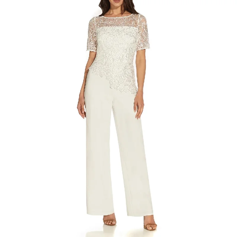 Women Clothing Adrianna Papell Womens Petites Lace Crepe Jumpsuit