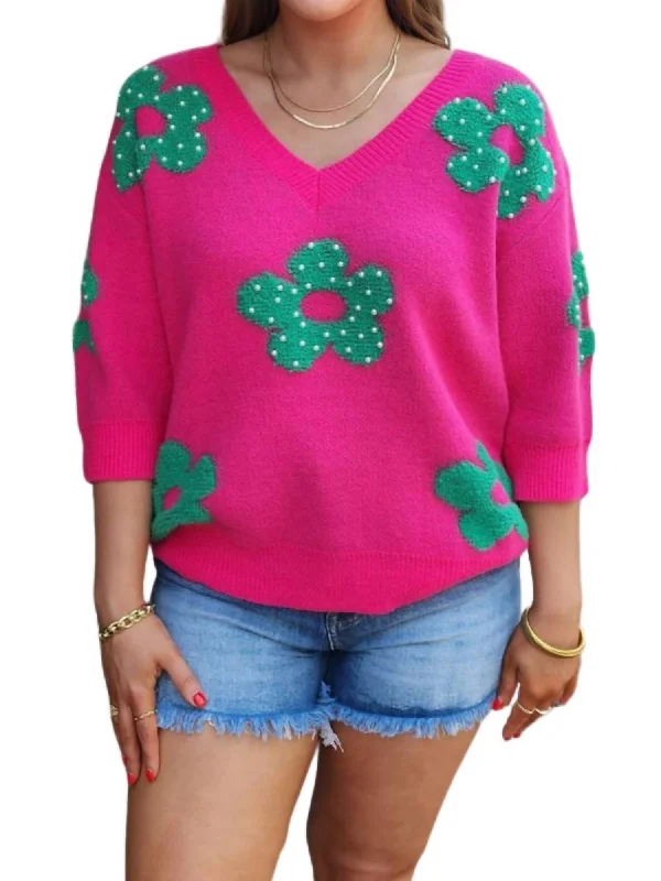 Best Online Women's Boutiques Pearl Beads Flowers Sweater Top In Fuchsia/jade