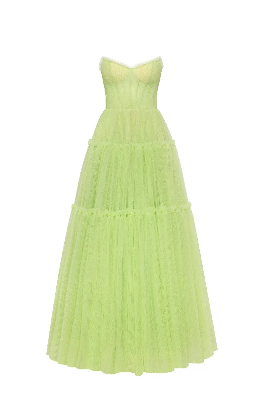 Trend Forward Women's Wear Light green tulle maxi dress with ruffled skirt, Garden of Eden