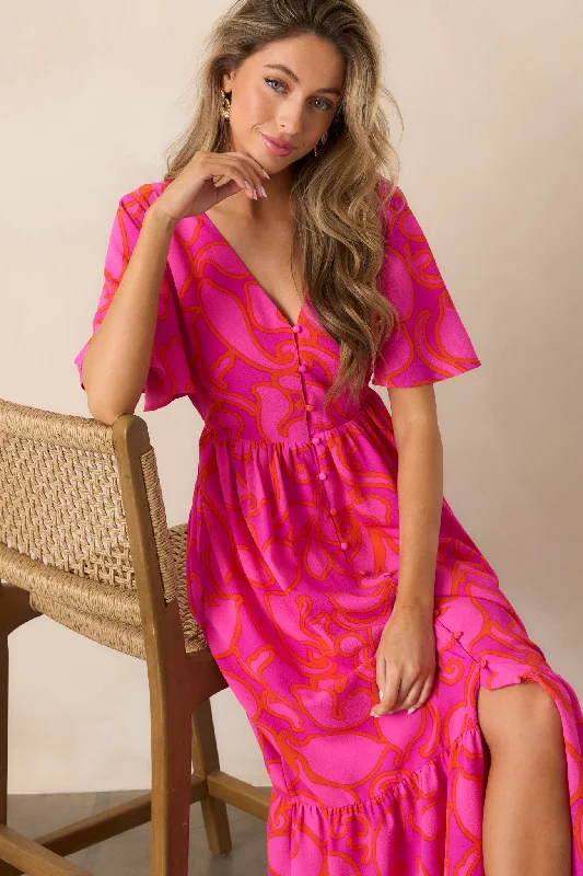 Chic & Cozy Apparel Budding Hearts Magenta Floral Button Front Maxi Dress