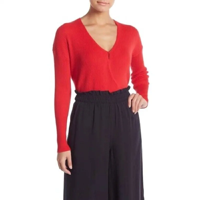 Chic Women's Clothing for Date Nights Knit Faux Wrap Ribbed V Neck Surplice Sweater In Red