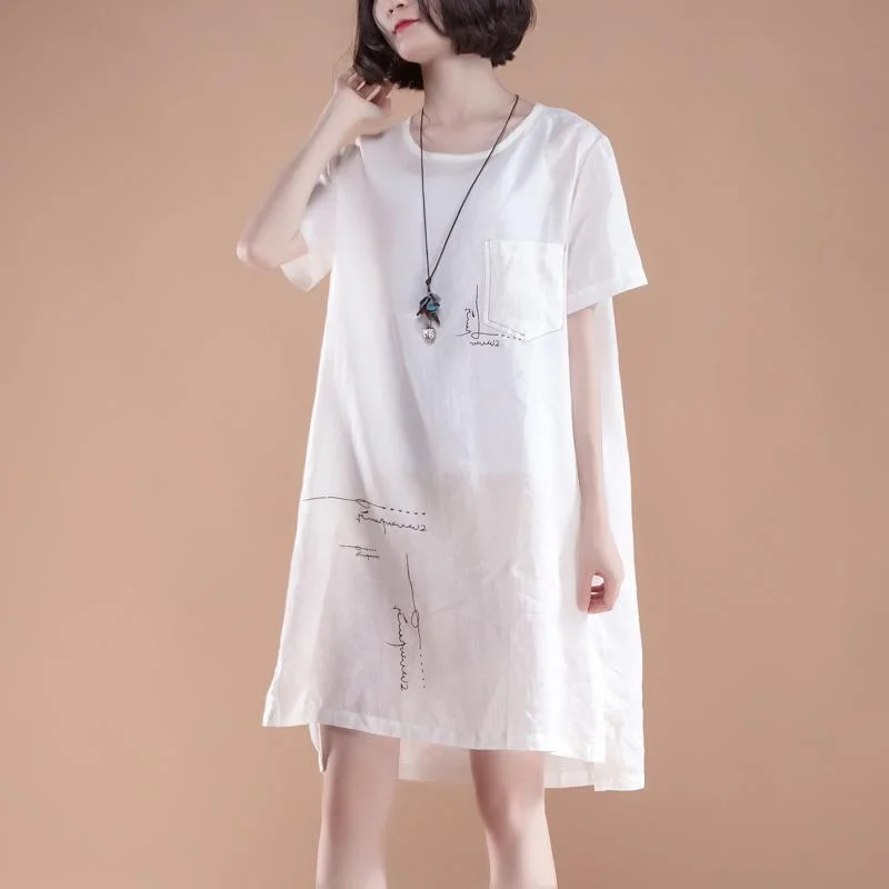 Huge Markdowns fine linen cotton dress oversize High-low Hem Summer Short Sleeve Pockets slit White Dress