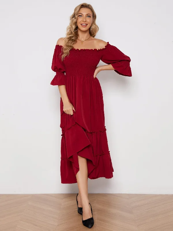 Big Discounts KittenAlarm - Off Shoulder Solid Color Slit Pleated Long Sleeve Dress