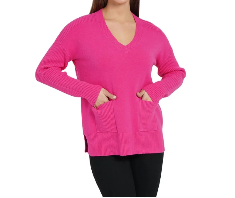 Wardrobe Refresh Patch Pocket Tunic Sweater In Hot Pink