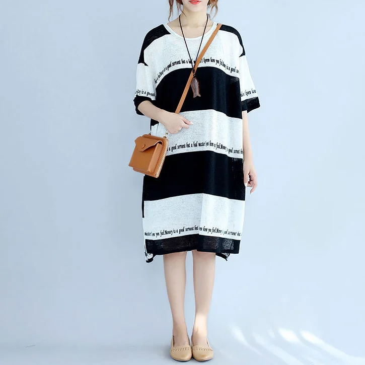 Online Boutiques white black striped Midi-length cotton dress plus size linen cotton dress boutique low high design alphabet prints clothing