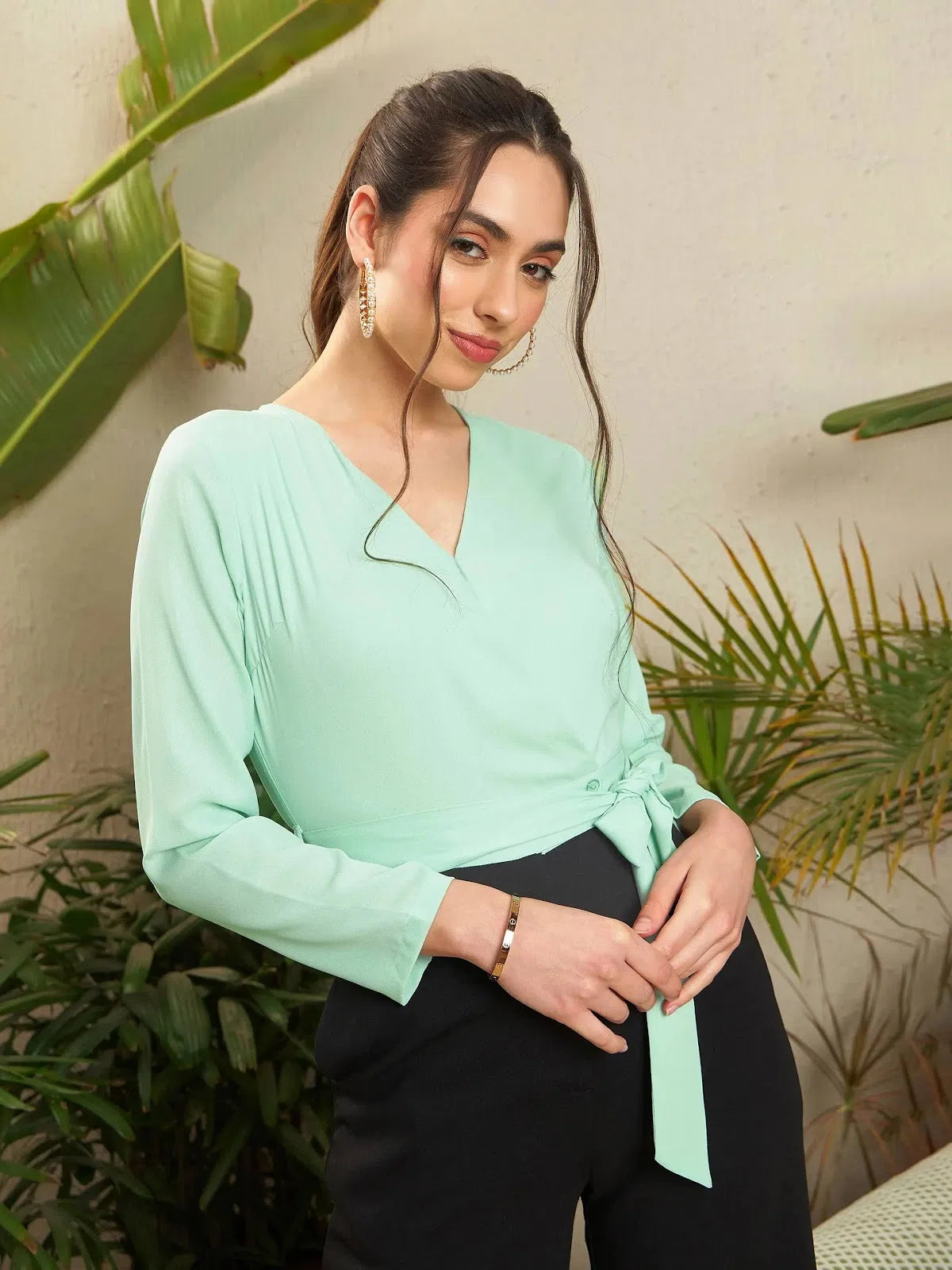 Casual and Comfortable Outfits Women Sea Green & Black V Neck Belted Wrap Jumpsuit