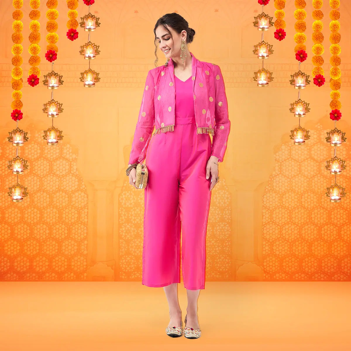 Attire Sale Solid Jumpsuit With Polka Tasseled Blazer