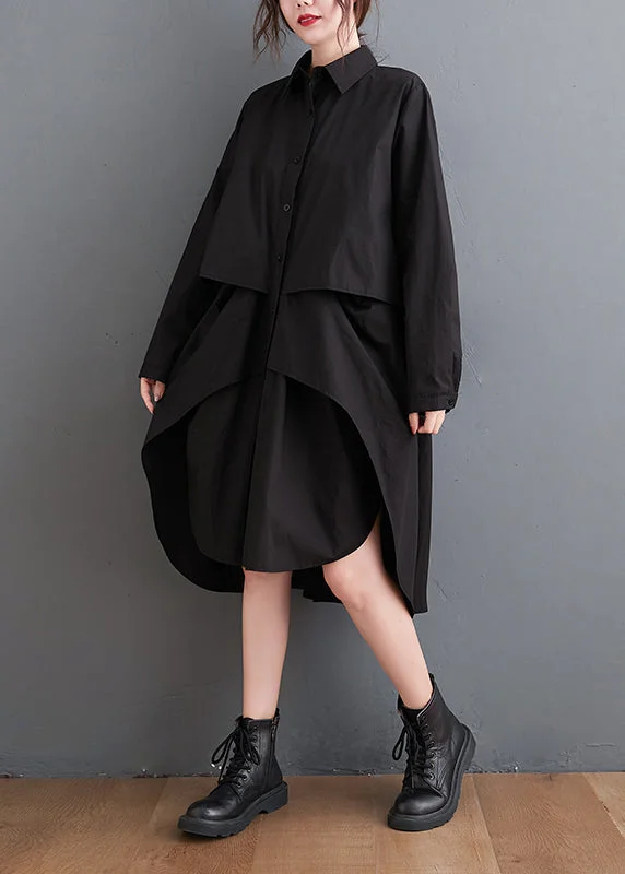 Explore What's New New Black Peter Pan Collar Button Patchwork Cotton Shirts Mid Dress Fall