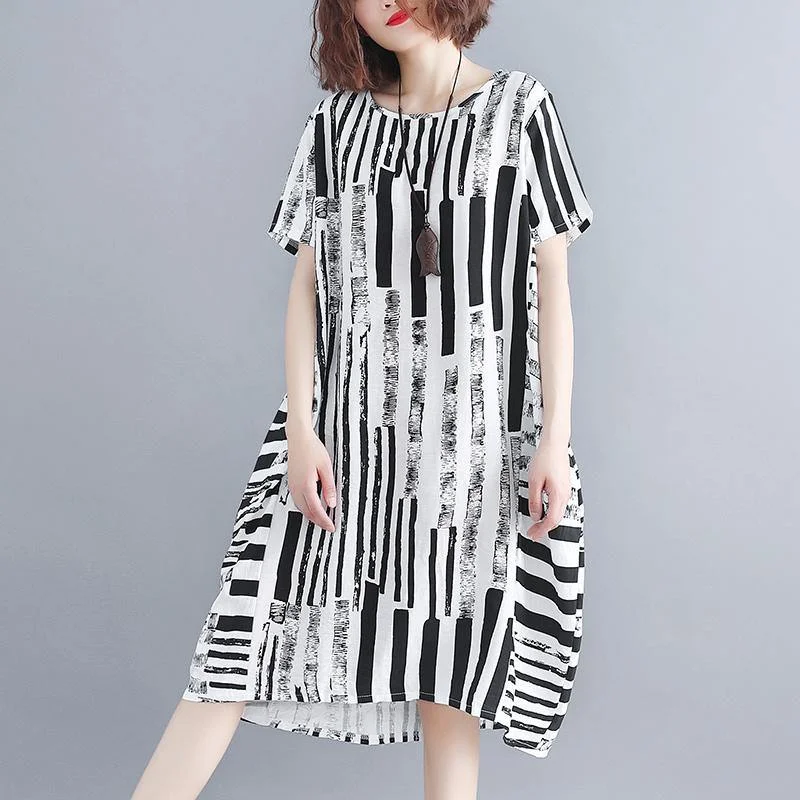 Athleisure Wear 2024 black cotton blended shift dress plus size clothing casual dress Elegant short sleeve Geometric O neck asymmetric knee dresses