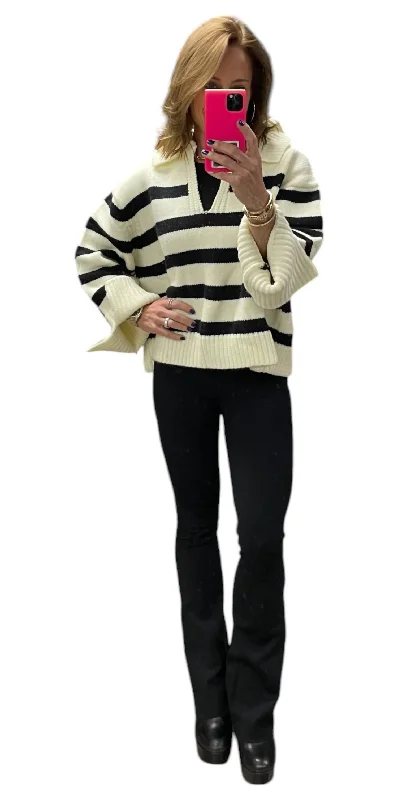 Flash Sale Event Frankie Turn Down Collar Striped Knit Sweater In Black/white