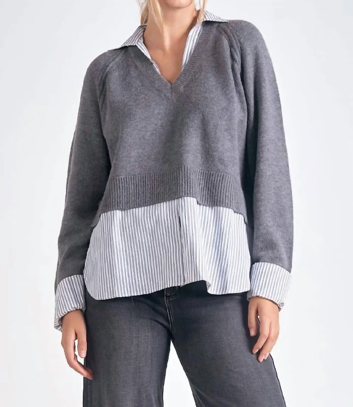 Big Sale Event Stevie Layered Sweater/striped Shirt Combo In Chacoal