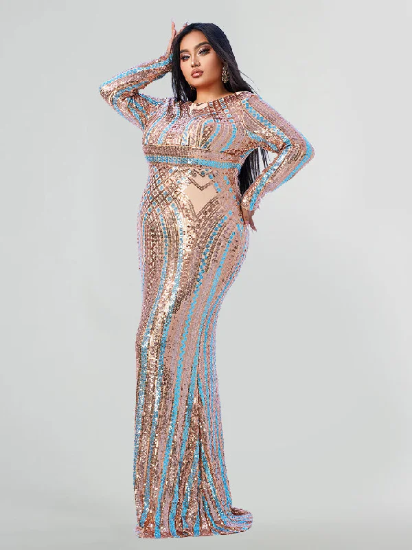 Sales For Clothes Plus Champagne and Multicolor Sequin Embellished High Slit Maxi Dress