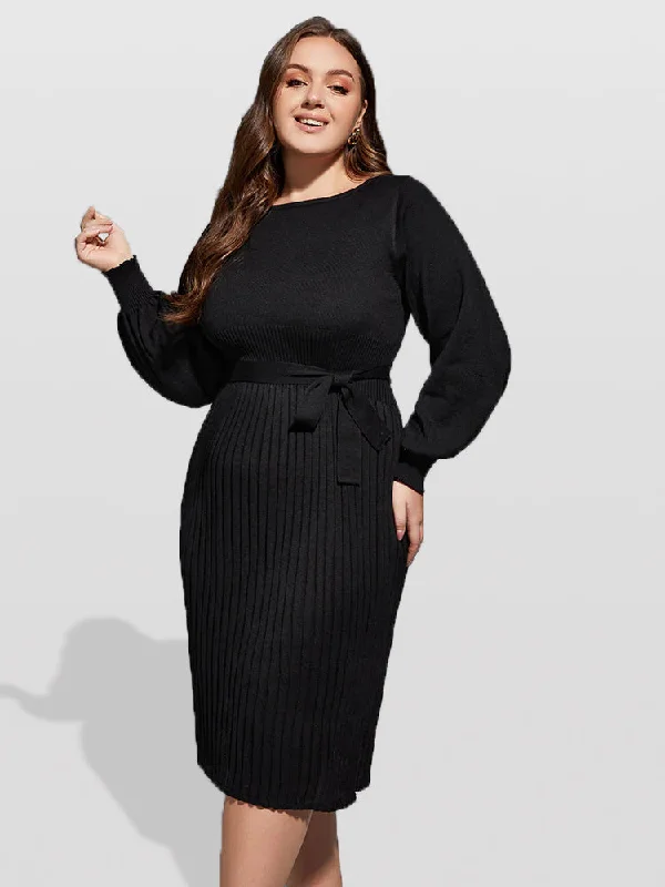 Women's High Street Fashion Plus Black Solid Tie Lantern Sleeves Midi Knit Dress