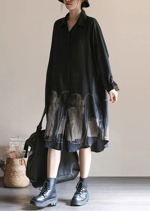 Chic Casual Wardrobe Essentials Black Print Patchwork Linen Shirts Dress Peter Pan Collar Spring