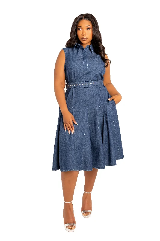 Sophisticated Fashion Sleeveless Denim Shirtdress with Contrasting Stitching