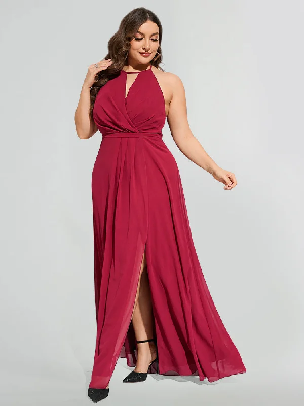 Timeless Women's Fashion Styles Plus Burgundy Halter Bow Neck Backless High Slit Maxi Dress