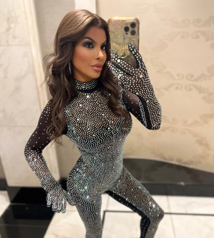 Best Clearance Sales Right Now ENERGY Rhinestone and Pearl Studded Full Body Jumpsuit