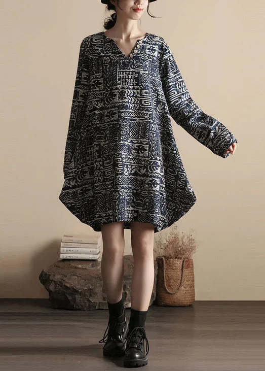 Online Shopping Boutiques DIY Black V Neck Print Patchwork Linen Dress Spring