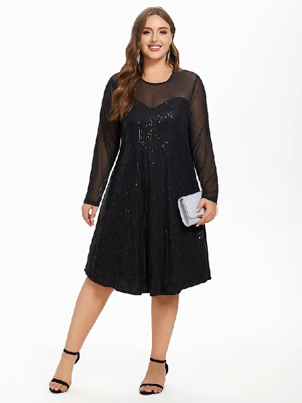 Sporty Streetwear Contrast Mesh Sleeve Sequin Midi Dress