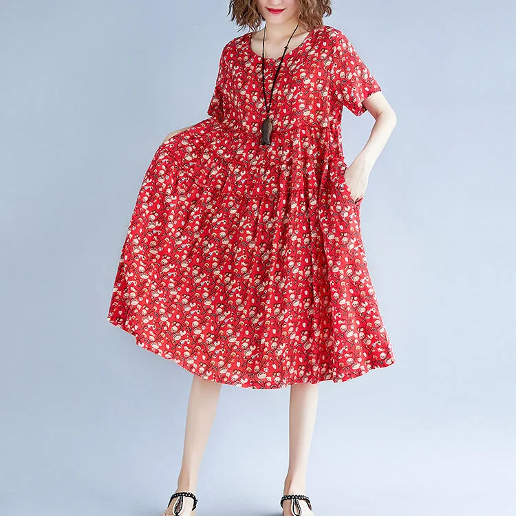 Comfortable Casual Wear baggy red print cotton linen dresses plus size clothing short sleeve dresses boutique o neck baggy dresses