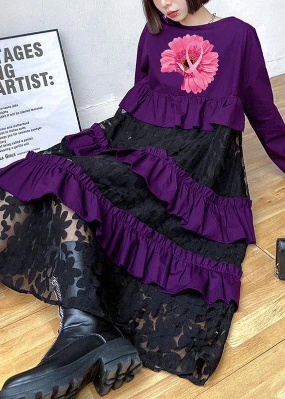 Trendy Women's Apparel Bohemian purple Ruffles  Fall Lace Dresses