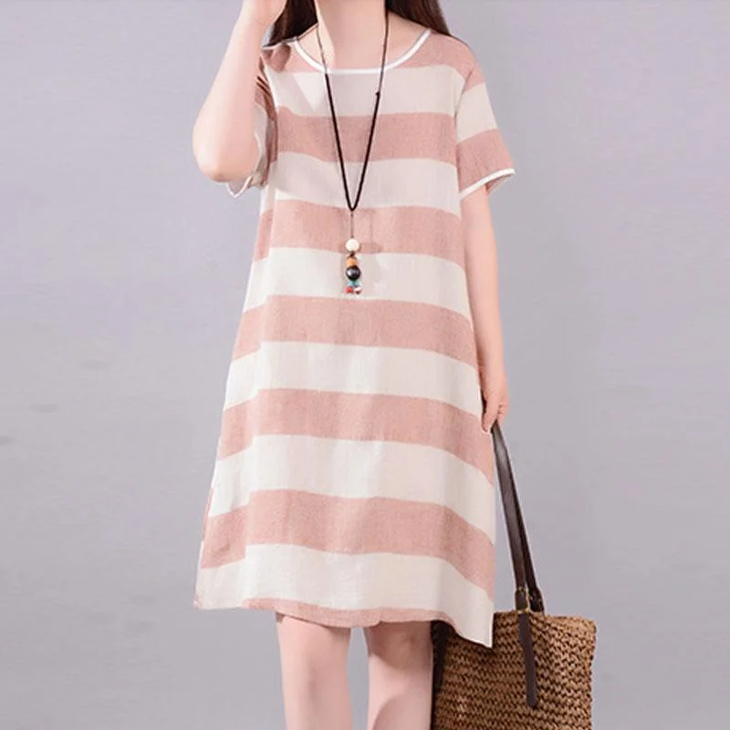 Clothing Woman vintage linen dress plus size Red Stripe Short Sleeve Casual Cotton Flax Dress