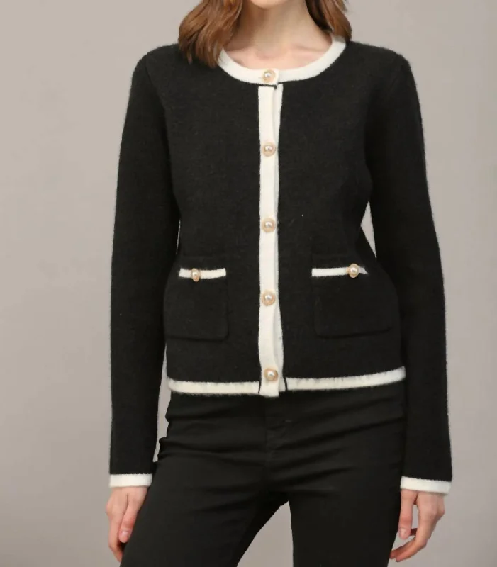 Women's Online Clothing Boutique Color Block Cardigan With Pearl Button In Black/cream