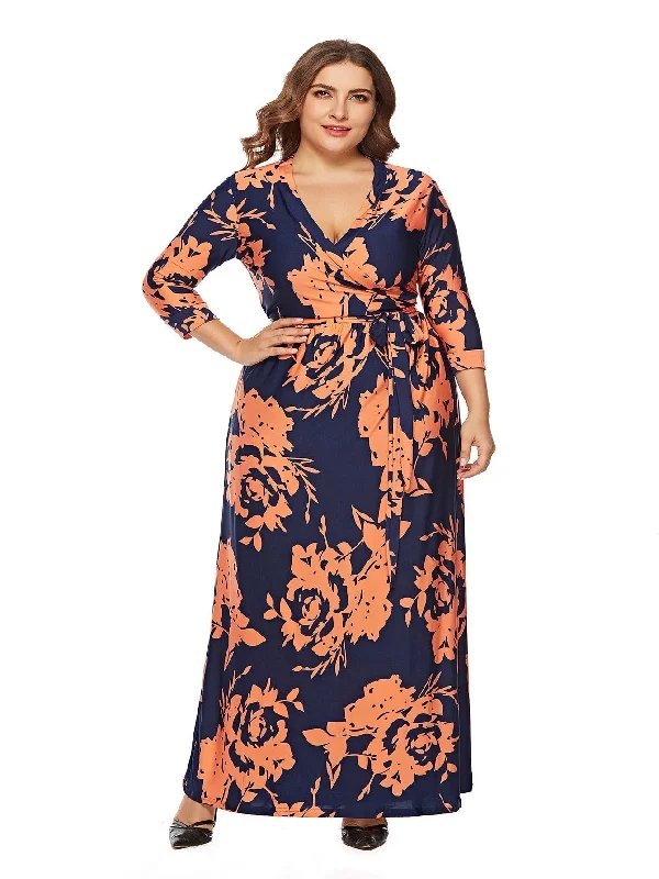 Sale Clearance KittenAlarm - Women's Printed Plus Size Stand Collar 3/4 Sleeve Long Wrap Dress