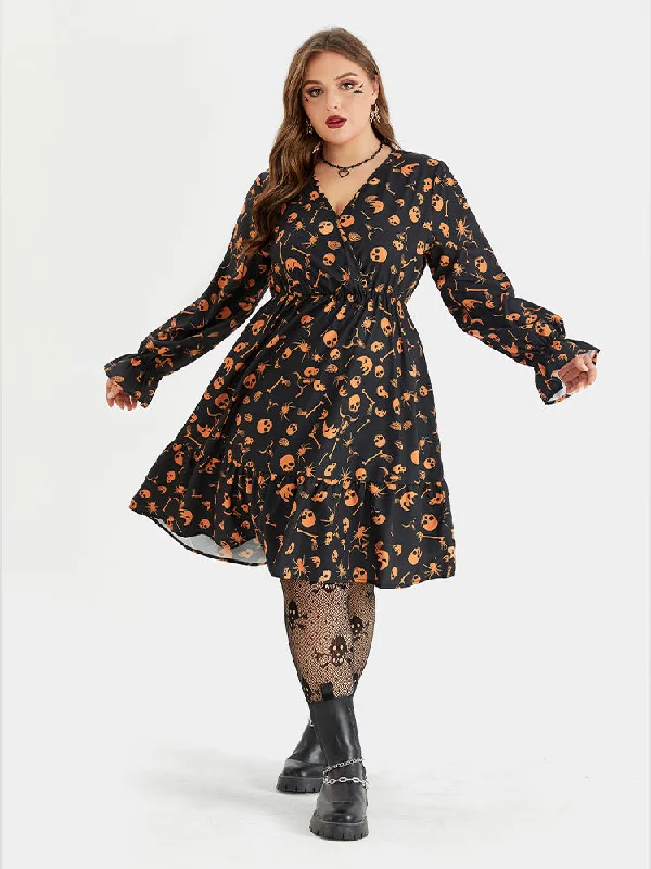 Clothing Woman Halloween Skull Print Flounce Sleeve Pocket Midi Dress