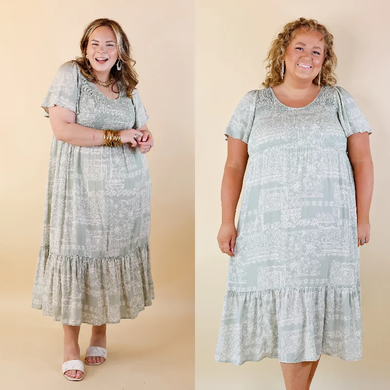 Stylish Women's Apparel Adore The Shore Block Print Midi Dress with Smocked Bodice in Sage Green