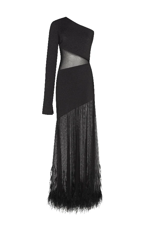 Evening Elegance One-shoulder maxi dress with feather-trimmed bottom, Xo Xo