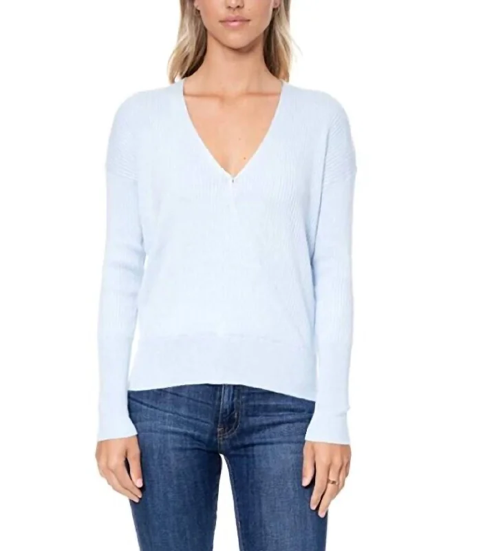 Trendy Boutique Online Surplice Ribbed Faux Wrap V Neck Sweater In Blue