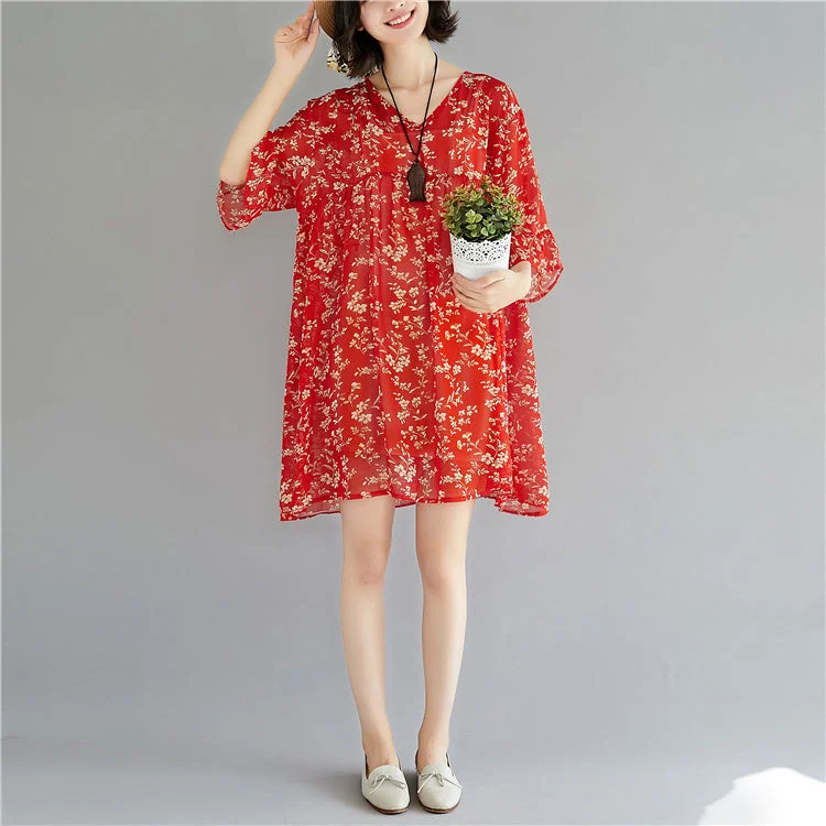 Fashion Forward Elegant red chiffon dress o neck long sleeve party dress print baggy dresses chiffon dress