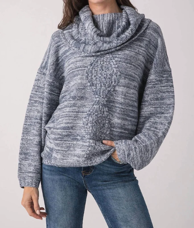 Premium Fabrics Cowl Neck Marled Yarn Sweater In Denim Blue